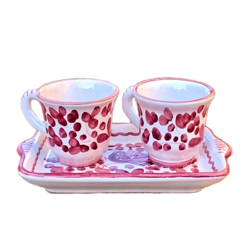 Servizio Caffè ceramica maiolica Deruta dipinto a mano con 2 tazze e vassoio decoro arabesco rosso