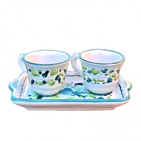 Coffee Service Deruta majolica ceramic hand painted with 2 cups and tray with green Arabesque decoration