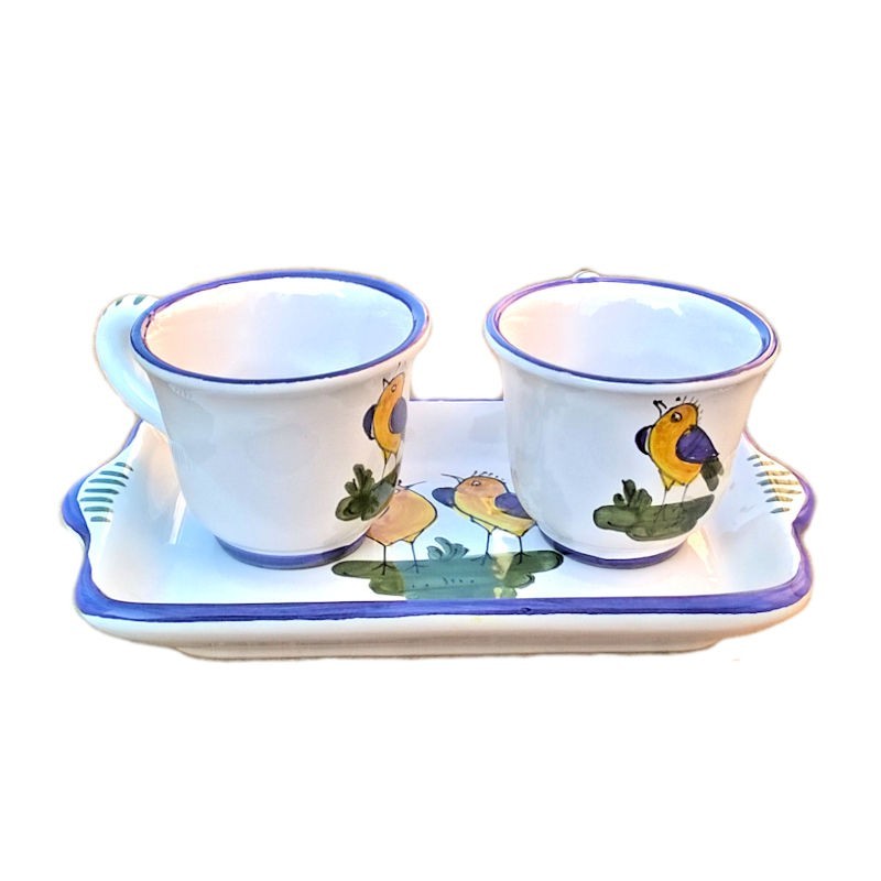 Servizio Caffè ceramica maiolica Deruta dipinto a mano con 2 tazze e vassoio decoro uccellino