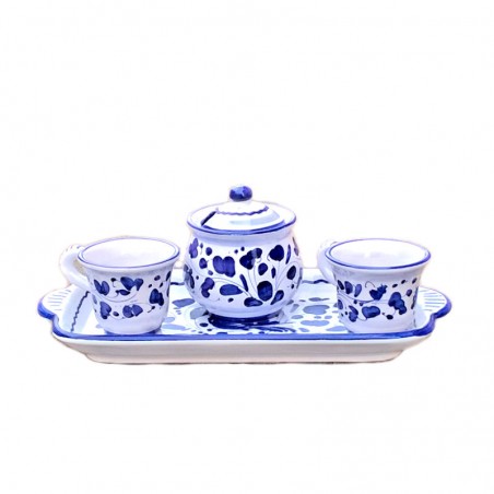 Servizio caffè ceramica maiolica Deruta dipinto a mano 2 tazze zuccheriera e vassoio decoro arabesco blu