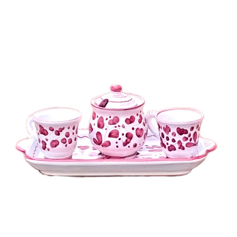 Coffee Service Deruta majolica ceramic hand painted 2 cups sugar bowl tray with red Arabesque decoration