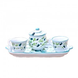 Coffee Service Deruta majolica ceramic hand painted 2 cups sugar bowl tray with green Arabesque decoration