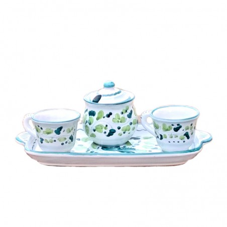 Coffee Service Deruta majolica ceramic hand painted 2 cups sugar bowl tray with green Arabesque decoration