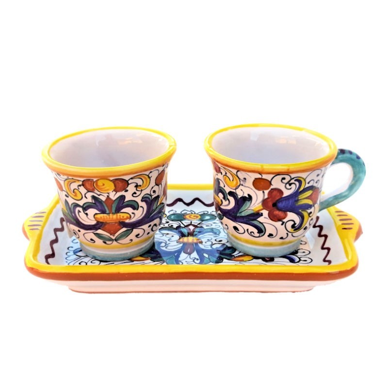 Coffee Service Deruta majolica ceramic hand painted with 2 cups and tray with rich Deruta yellow decoration