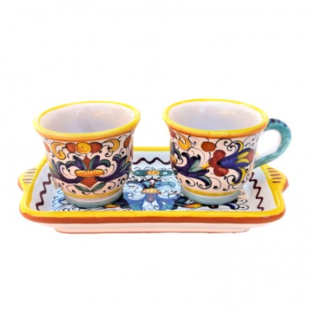 Coffee Service Deruta majolica ceramic hand painted with 2 cups and tray with rich Deruta yellow decoration