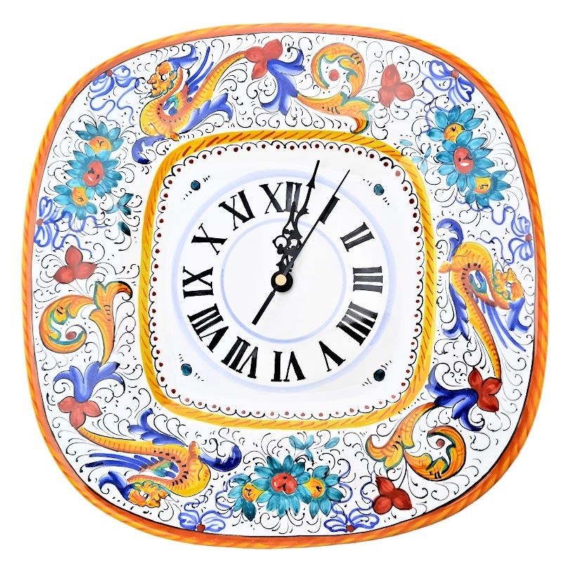 Square wall clock in Deruta majolica hand painted with Raphaelesque decoration