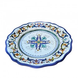 Dessert, flat and soup plate ceramic majolica Deruta rich Deruta blue floral doily scalloped