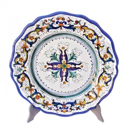 Dessert, flat and soup plate ceramic majolica Deruta rich Deruta blue floral doily scalloped