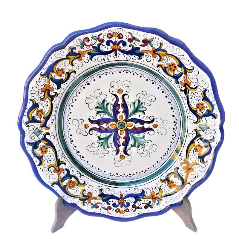Piatto tavola smerlato ceramica maiolica Deruta ricco Deruta blu centrino