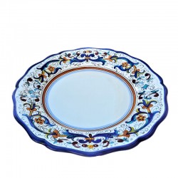Piatto tavola ceramica maiolica Deruta dipinto a mano decoro ricco Deruta blu smerlato