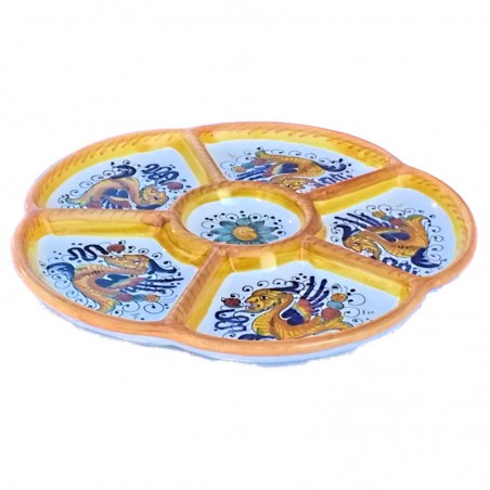 Round appetizer tray 6 compartments majolica ceramic Deruta raphaelesque