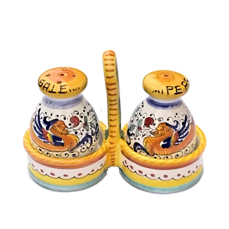 Salt pepper set Deruta majolica ceramic hand painted Raphaelesque decoration