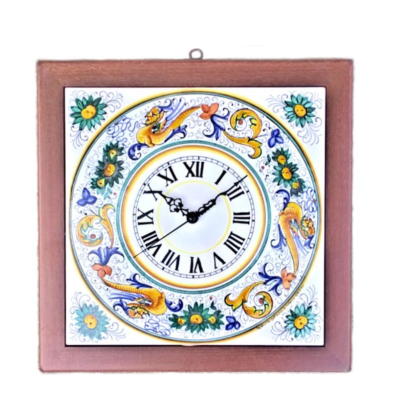 Wall clock in Deruta majolica with wooden frame hand painted Raphaelesque decoration