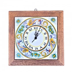 Wall clock in Deruta majolica with antique wooden frame hand painted Raphaelesque decoration