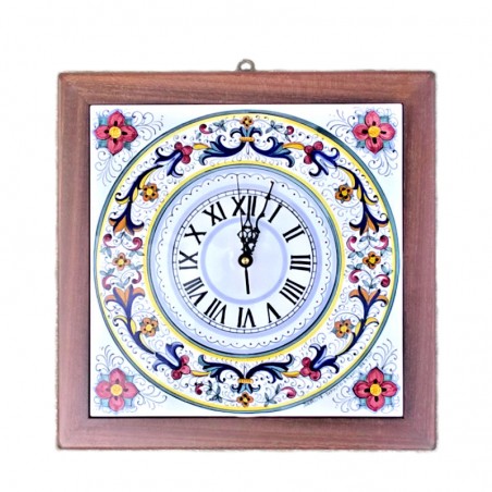 Wall clock in Deruta majolica with wooden frame hand painted Rich Deruta decoration