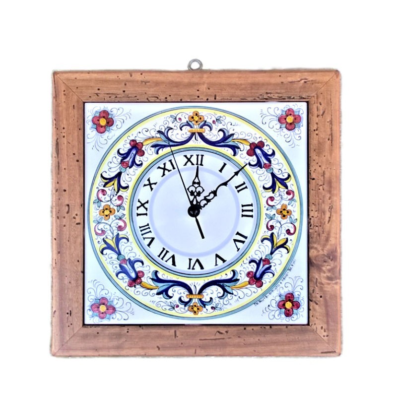 Wall clock in Deruta majolica with antique wooden frame hand painted Rich Deruta decoration
