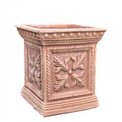 Square terracotta vase with leaf handmade