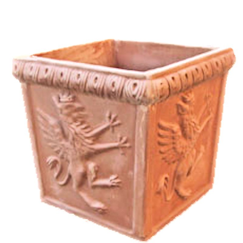Square terracotta vase with griffin handmade