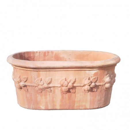 Narrow oval terracotta vase with fruit handmade