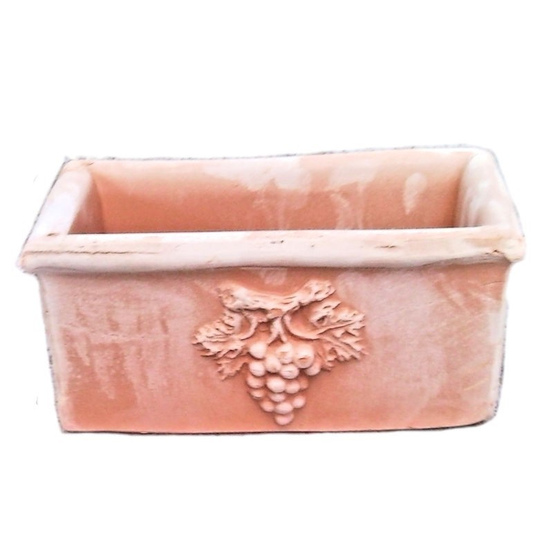 Small rectangular terracotta vase with bunch of grapes