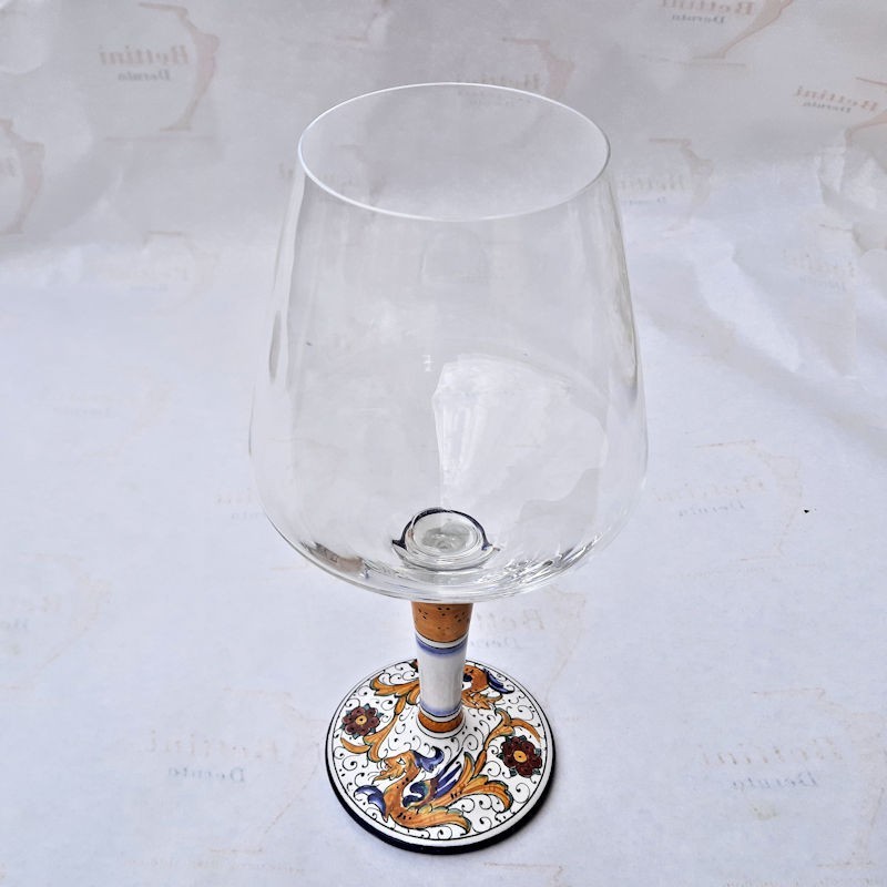 Calice vetro ceramica maiolica Deruta dipinto a mano decoro Raffaellesco