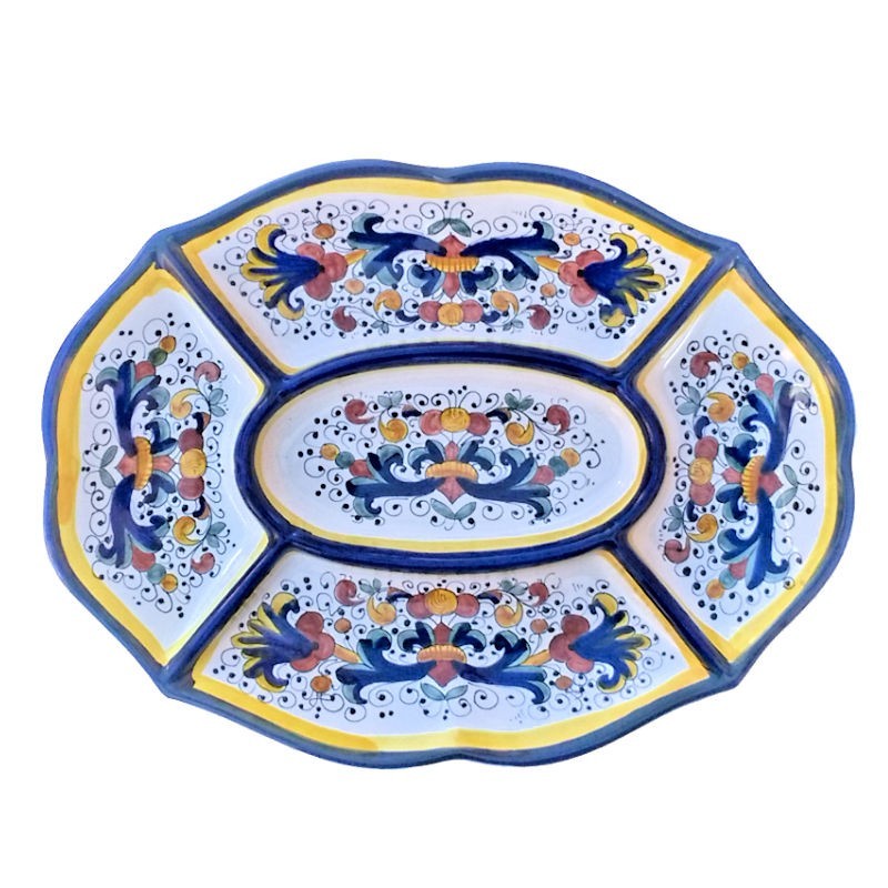 Antipastiera ceramica maiolica Deruta 5 scomparti decoro ricco Deruta blu ovale