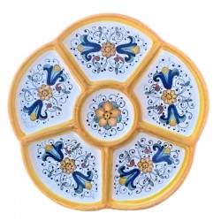 Antipastiera ceramica maiolica Deruta 6 scomparti decoro ricco Deruta giallo rotonda
