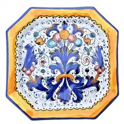 Octagonal table plate majolica ceramic Deruta rich Deruta blue