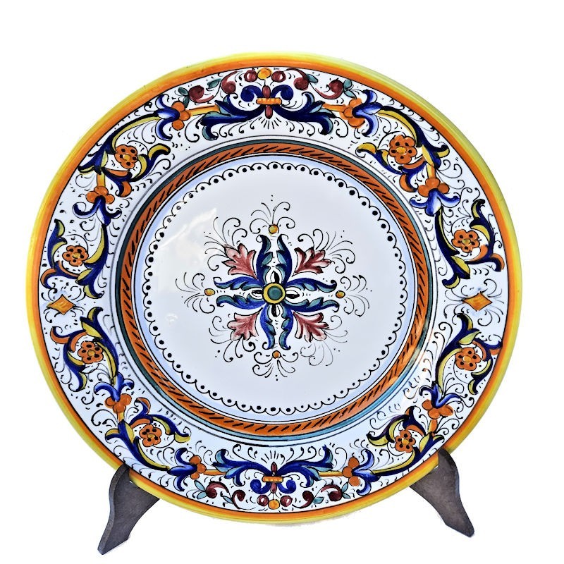 Dessert, Flat and Soup Plate ceramic majolica Rich Deruta Yellow floral doily decoration