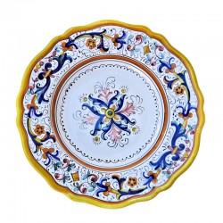 Dessert, flat and soup plate ceramic majolica Deruta rich Deruta yellow floral doily scalloped
 Table plates-Soup Plate cm 25