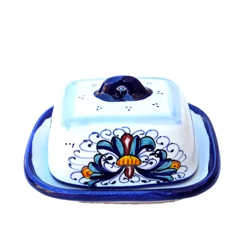 Burriera ceramica maiolica Deruta piccola dipinta a mano decoro ricco Deruta blu