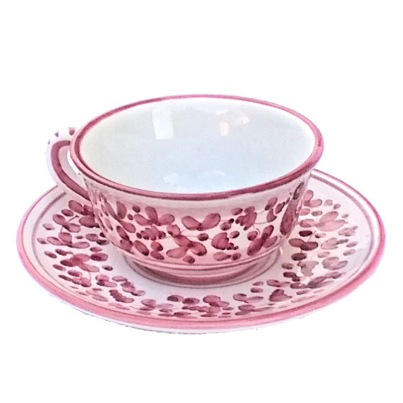 Tea cup Deruta majolica ceramic with saucer hand painted red arabesque decoration CC 210