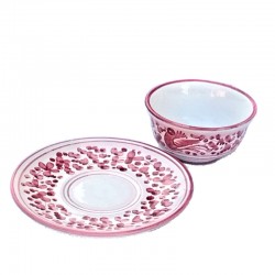 Tazza Te ceramica maiolica Deruta con piatto dipinta a mano decoro arabesco rosso CC 210