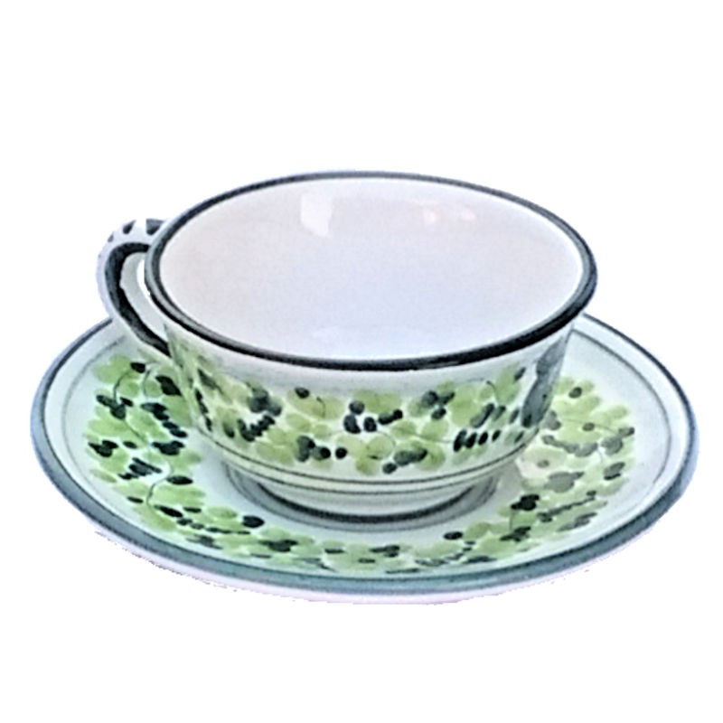 Tea cup Deruta majolica ceramic with saucer hand painted green arabesque decoration CC 210