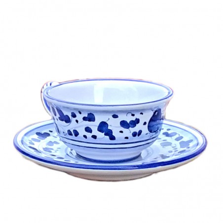 Tazza Te ceramica maiolica Deruta con piatto dipinta a mano decoro arabesco blu CC 210