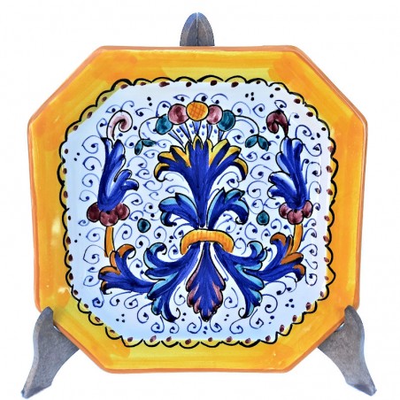 Piatto tavola ceramica maiolica Deruta dipinto a mano decoro Ricco Deruta giallo ottagonale
