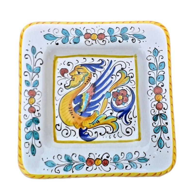 Piatto vassoio ceramica maiolica Deruta dipinto a mano quadrato decoro Raffaellesco