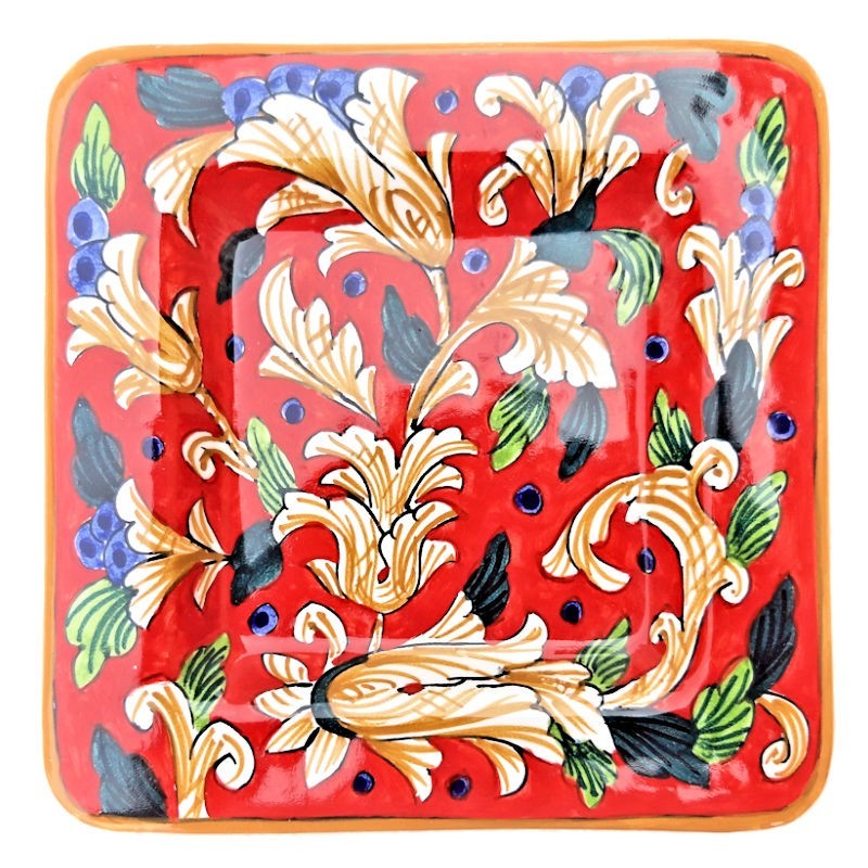 Square plate or tray ceramic majolica Deruta hand painted artistic red decoration