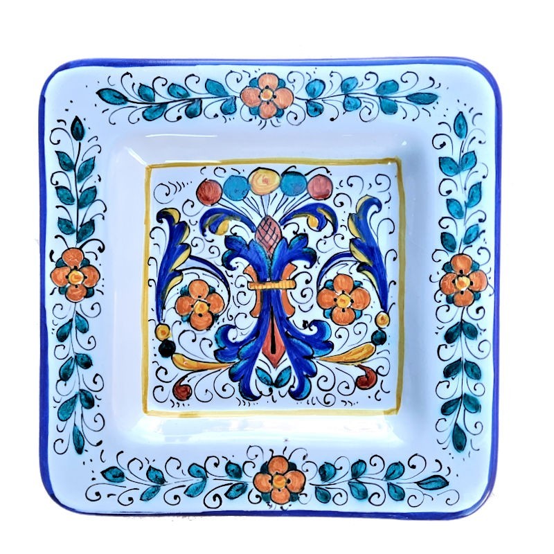 Piatto vassoio ceramica maiolica Deruta dipinto a mano quadrato decoro Ricco Deruta Blu