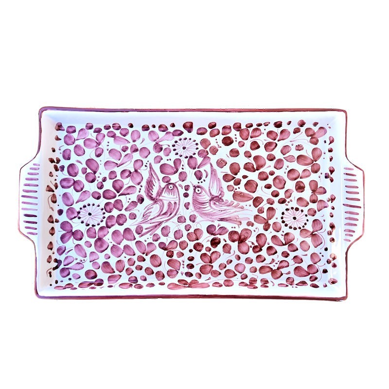 Rectangular Deruta ceramic majolica tray with red arabesque decoration