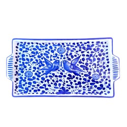 Vassoio ceramica maiolica Deruta dipinto a mano rettangolare decoro arabesco blu