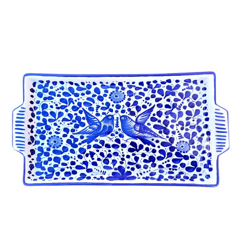 Vassoio ceramica maiolica Deruta dipinto a mano rettangolare decoro arabesco blu