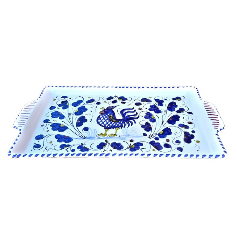 Vassoio rettangolare ceramica maiolica Deruta gallo blu Orvietano