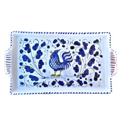 Rectangular tray majolica ceramic Deruta blue rooster Orvietano