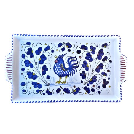 Vassoio ceramica maiolica Deruta dipinto a mano rettangolare decoro  Gallo blu Orvietano