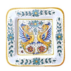 Square wall plate majolica ceramic Deruta raphaelesque