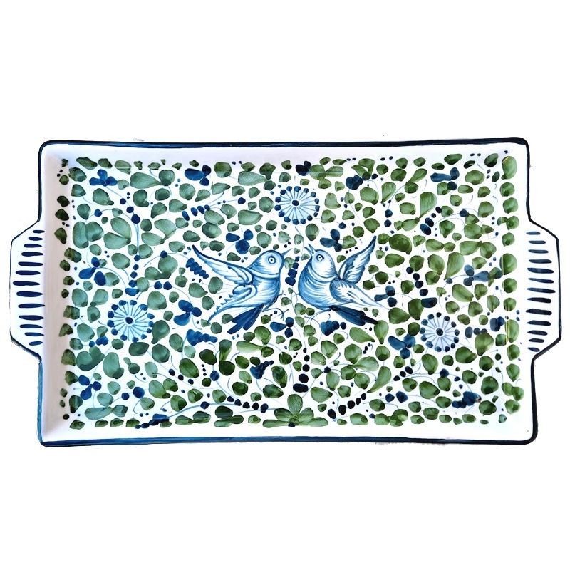 Vassoio ceramica maiolica Deruta dipinto a mano rettangolare decoro arabesco verde
