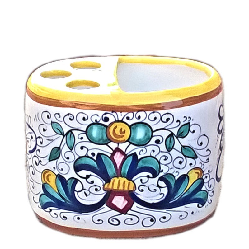 Portaspazzolini ovale ceramica maiolica Deruta dipinto a mano decoro ricco Deruta giallo