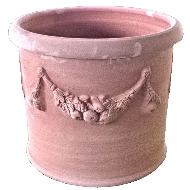 Cylindrical terracotta vase with festoon handmade