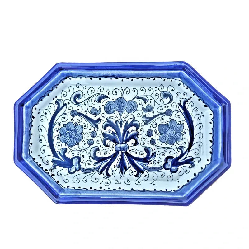 Vassoio ceramica maiolica Deruta dipinto a mano ottagonale decoro Ricco Deruta Blu Monocolore